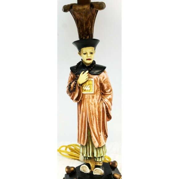 Berman Oriental Asian Man Figurine Lamp Red Lamp Shade Orange Fringe Trim Color - Picture 3 of 12